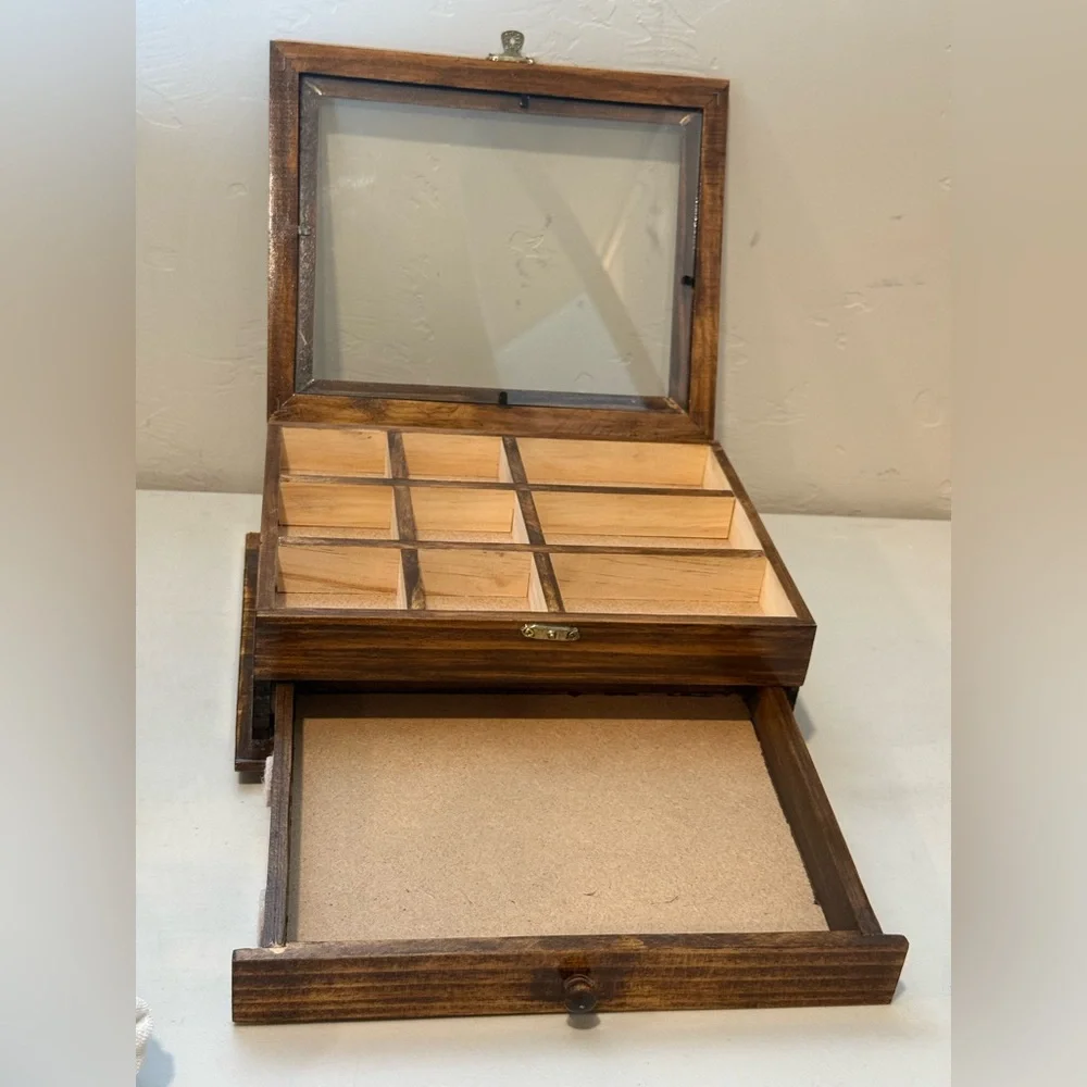 Wooden Brown Glass Jewelry Watch Box With Shelf Organizer